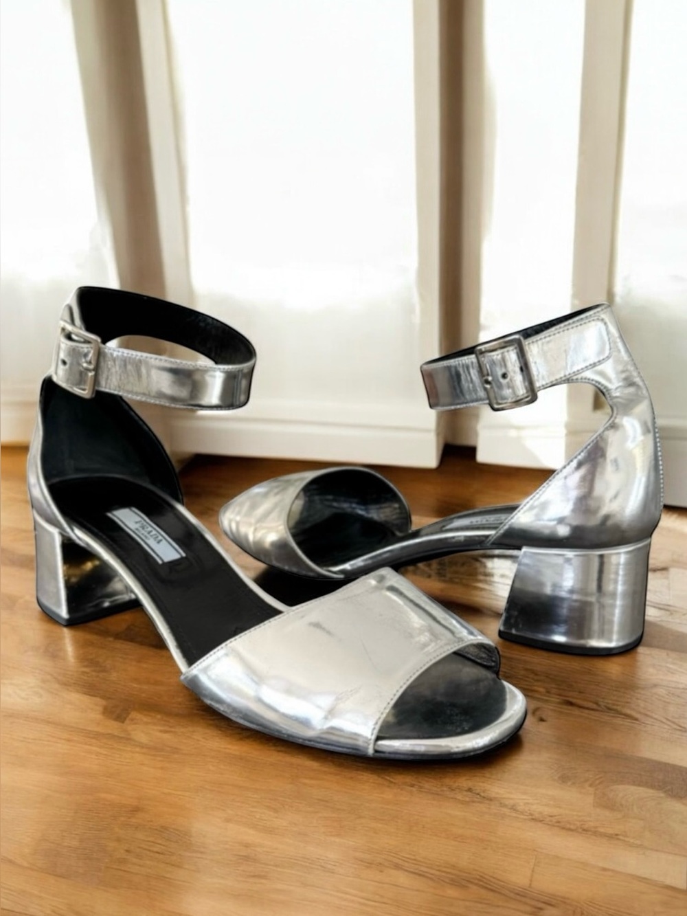 PRADA Sandal Silver Leather Block Heel